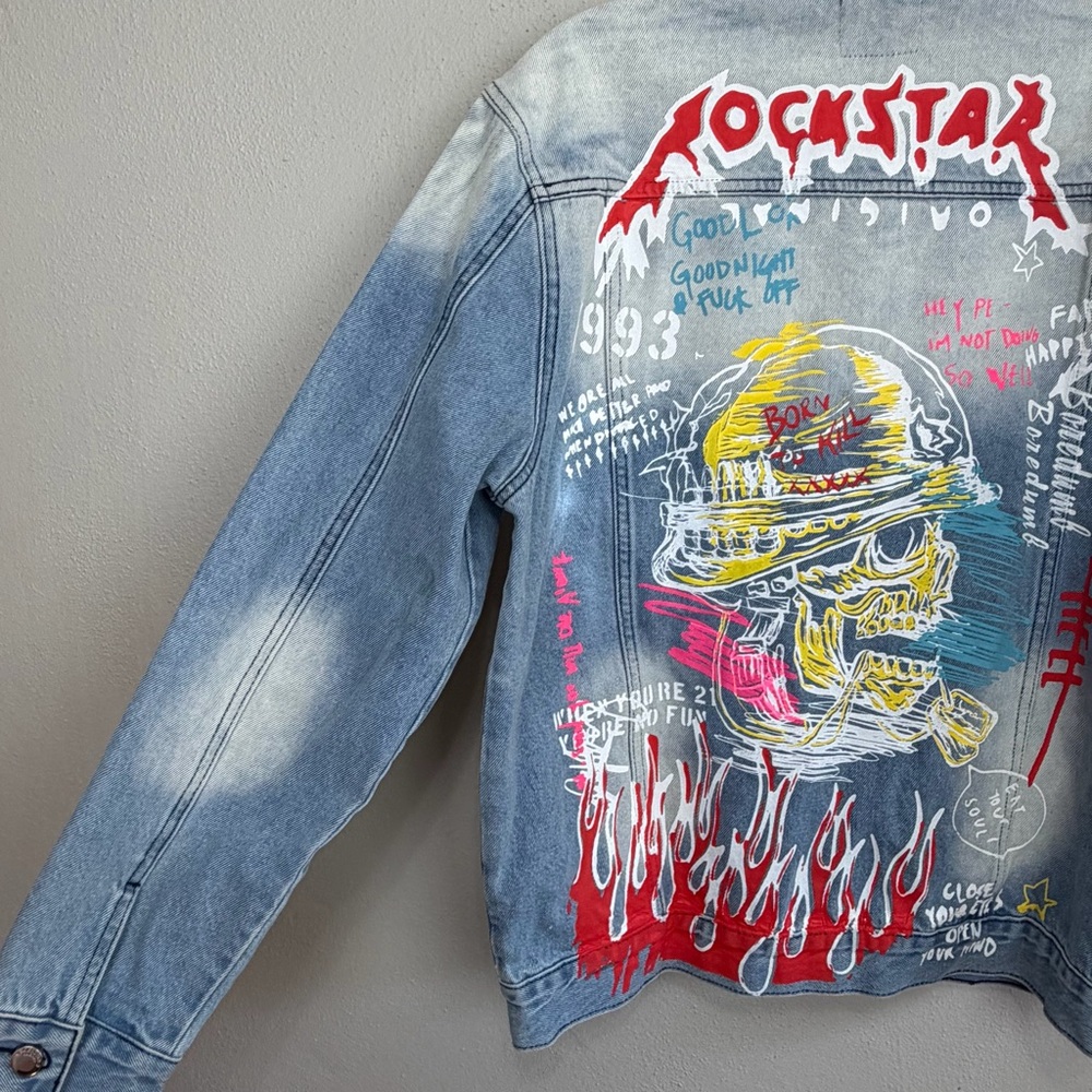 Rockstar Original Koontz Blue Jean Jacket Painted Graffiti Print Size Medium - Picture 10 of 11